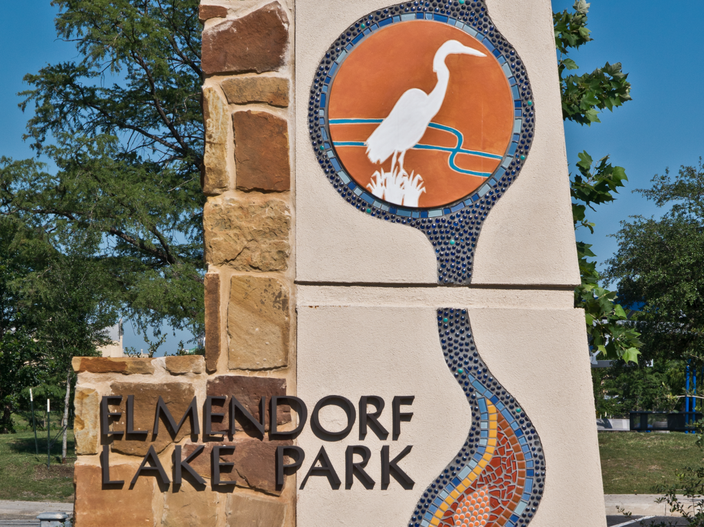 mosaic signpost at elmendorf lake in elmendorf, tx