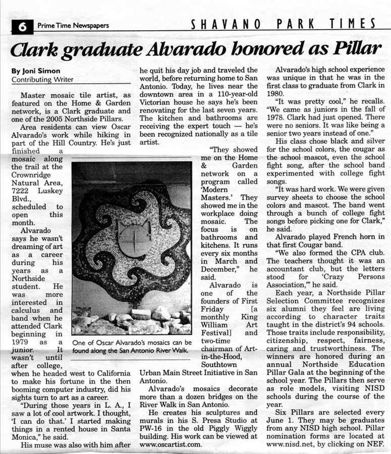 scanned image of article entitled clark graduate alvarado honored as pillar (shavano park news)